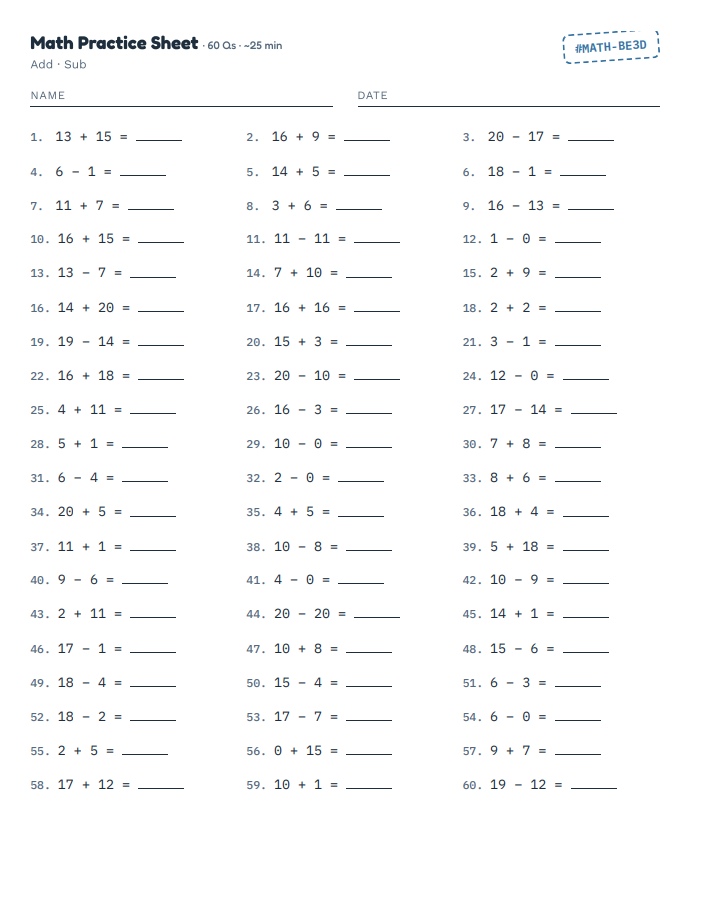 Grade 1 math worksheet with addition and subtraction problems within 20, showing clean layout with space for student name and date