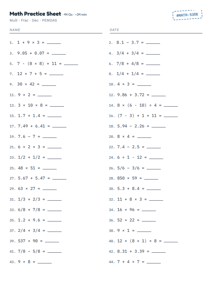 Grade 4 math worksheet with addition and subtraction problems within 20, showing clean layout with space for student name and date