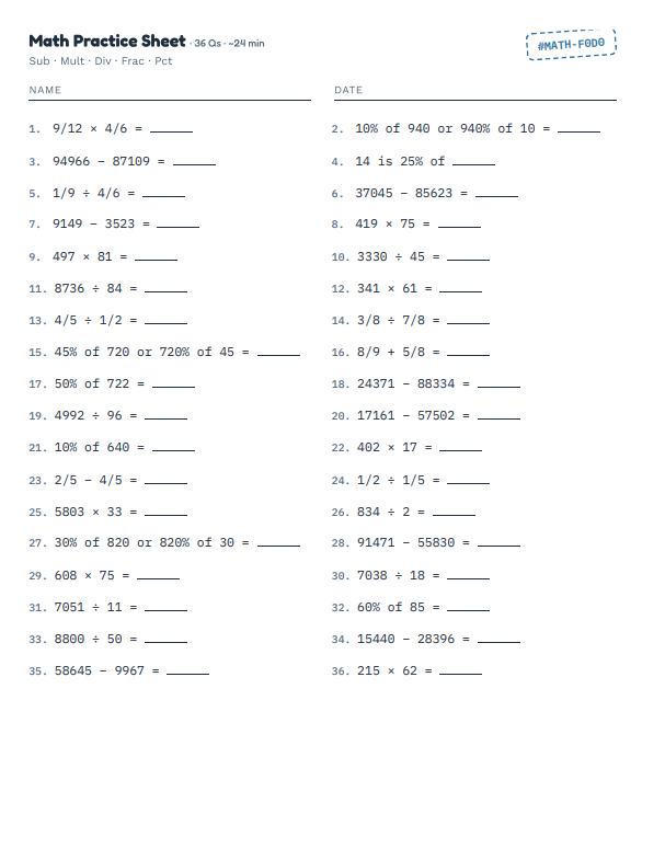 Grade 6 math worksheet with addition and subtraction problems within 20, showing clean layout with space for student name and date