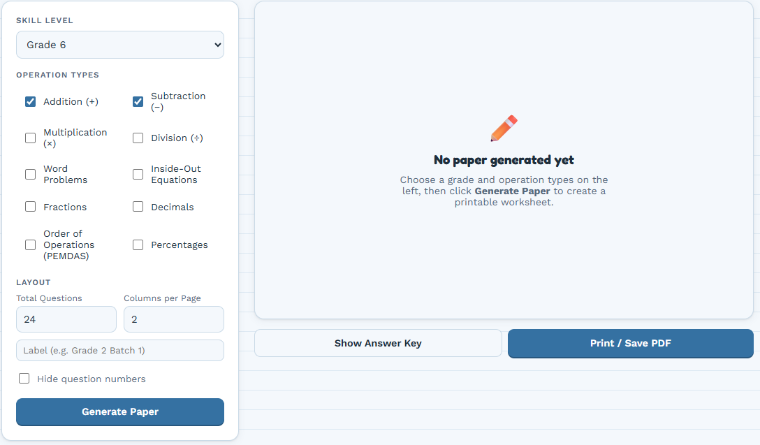 Screenshot of the Math Sheet Maker control panel showing grade selector, operation checkboxes, and layout options